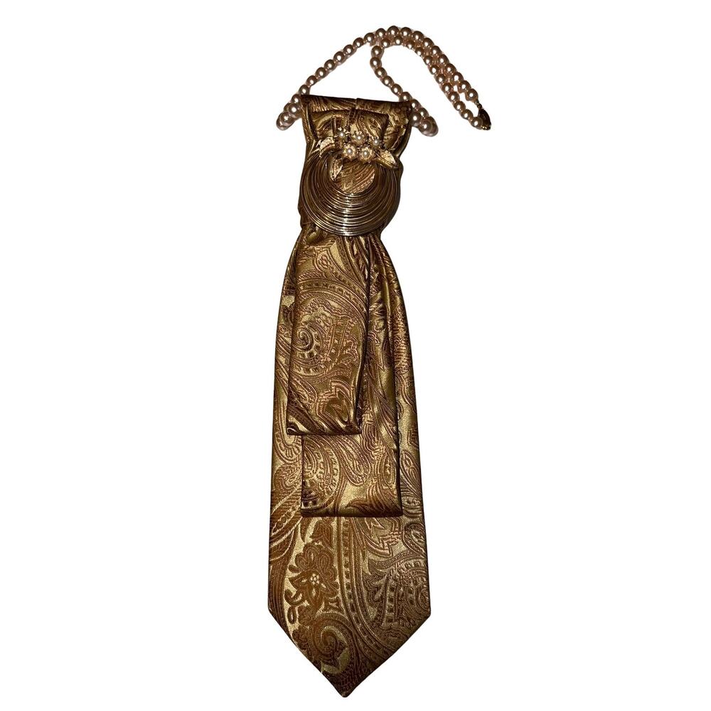 Elegant Gold Paisley Junk Tie Necklace Fashion Accessory Pearl Brooch Accent